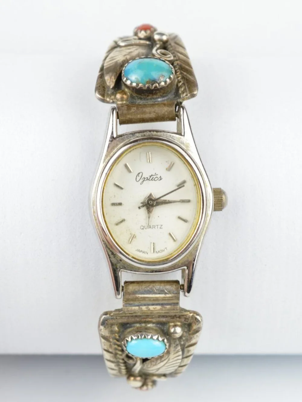 Navajo Sterling Silver Turquoise Coral Watch Tips Signed Ronnie Martinez Works